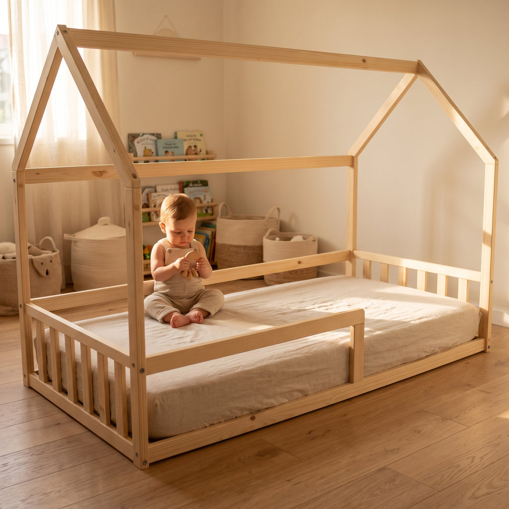 Lit Cabane NEMO 90x190 - Bois Clair Naturel + Barrière + Sommier Inclus