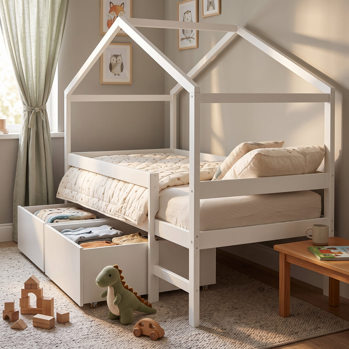 Lit Cabane MIKA 90x190 - Bois Massif Blanc + Sommier Inclus