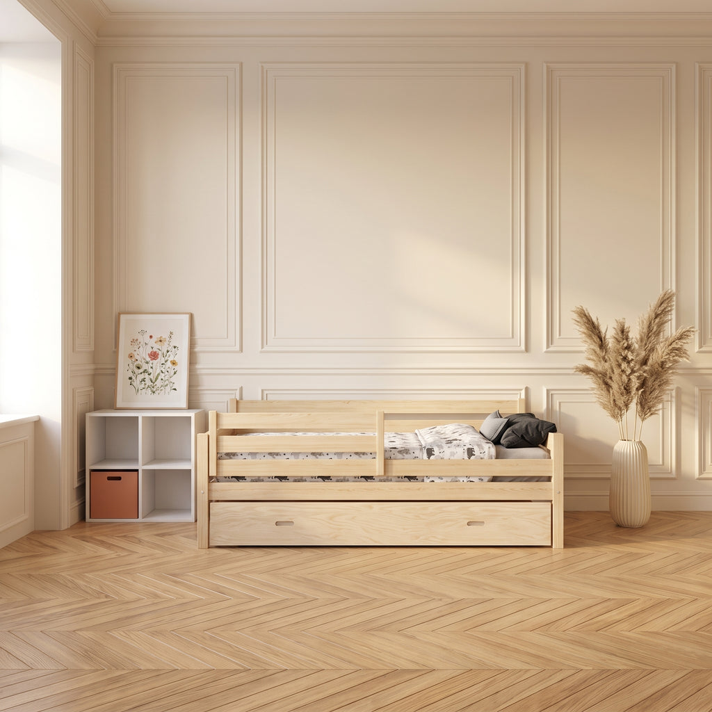 Lit enfant LENI avec tiroir 90x190 cm en pin massif certifié FSC