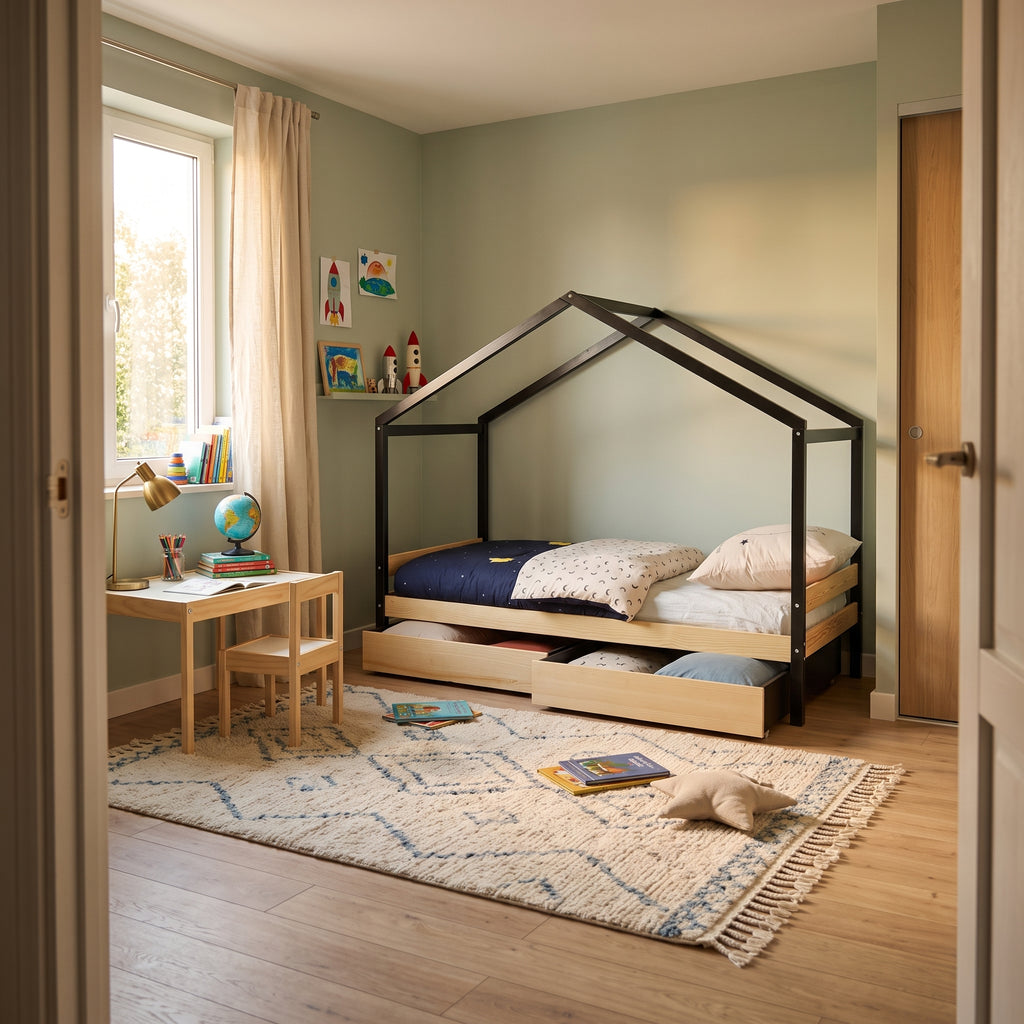 Lit Cabane ETOILE 90x190 - Brut et Noir + 2 Tiroirs + Sommier Inclus