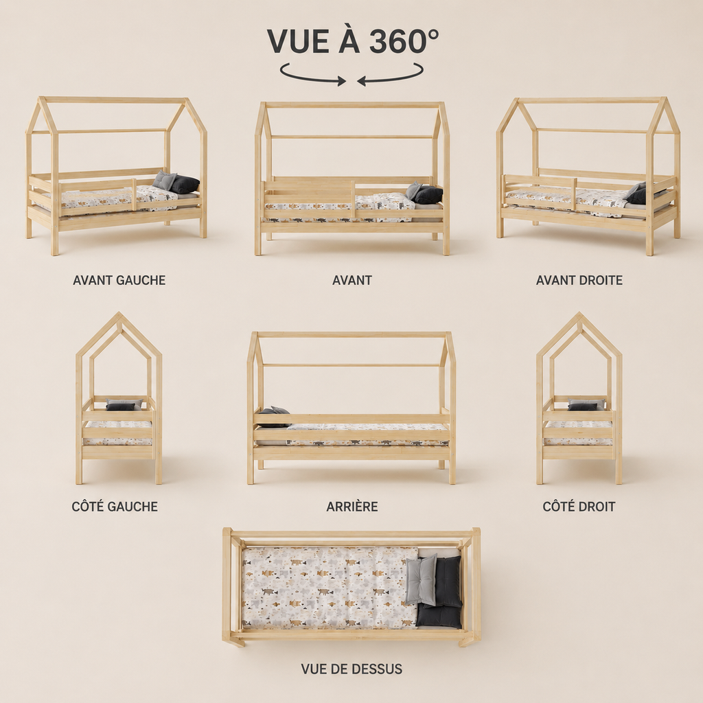 Lit cabane enfant TIAGO – Bois massif avec sommier à lattes