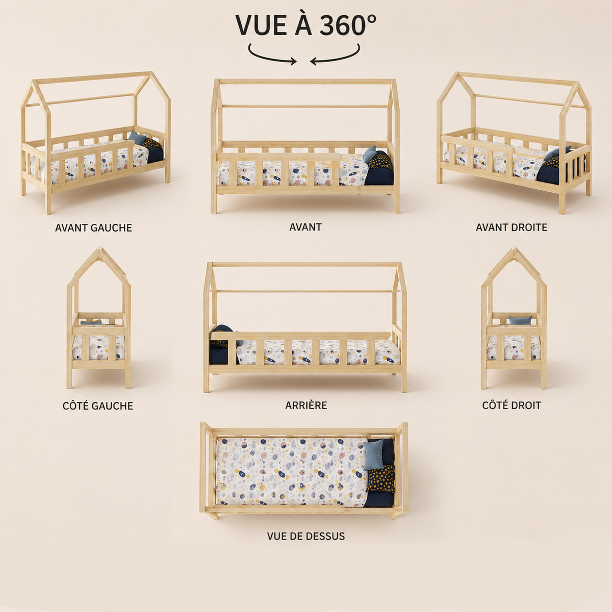 Lit cabane enfant LOUKA avec lit gigogne 90x190 cm, bois massif FSC