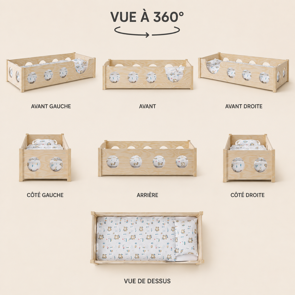 Lit Montessori ALBA 90x190 cm à barrières hublots, pin massif FSC