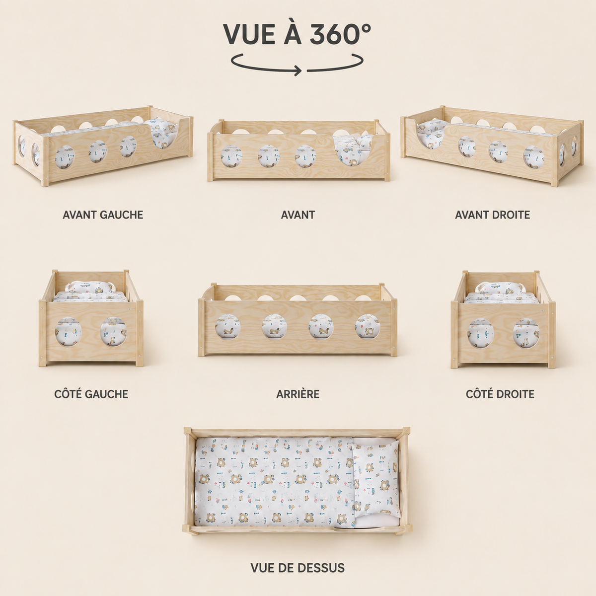 Lit Montessori ALBA 90x190 cm à barrières hublots, pin massif FSC