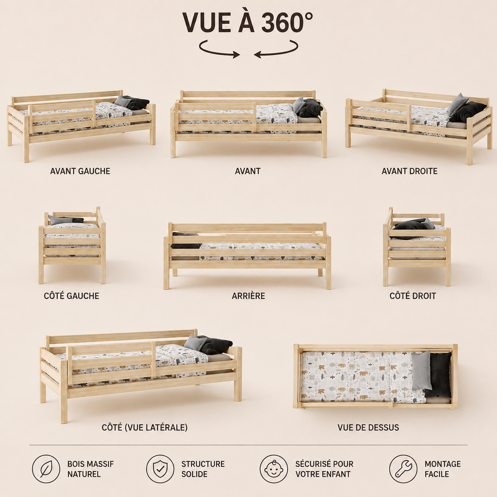 Lit enfant Montessori LENI – Barrière amovible et bois massif
