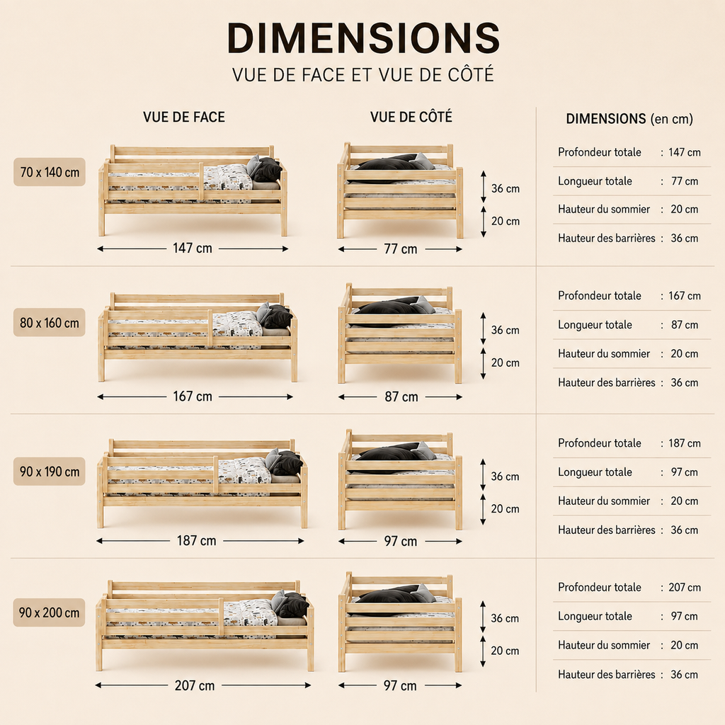 Lit enfant Montessori LENI avec lit gigogne – Barrière amovible et bois massif