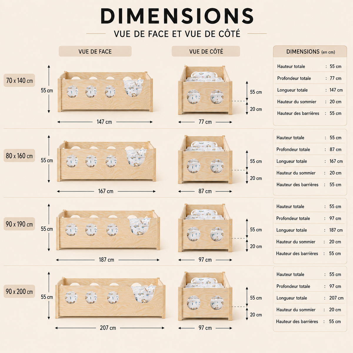 Lit enfant Montessori ALBA avec lit gigogne – 2 couchages, bois massif