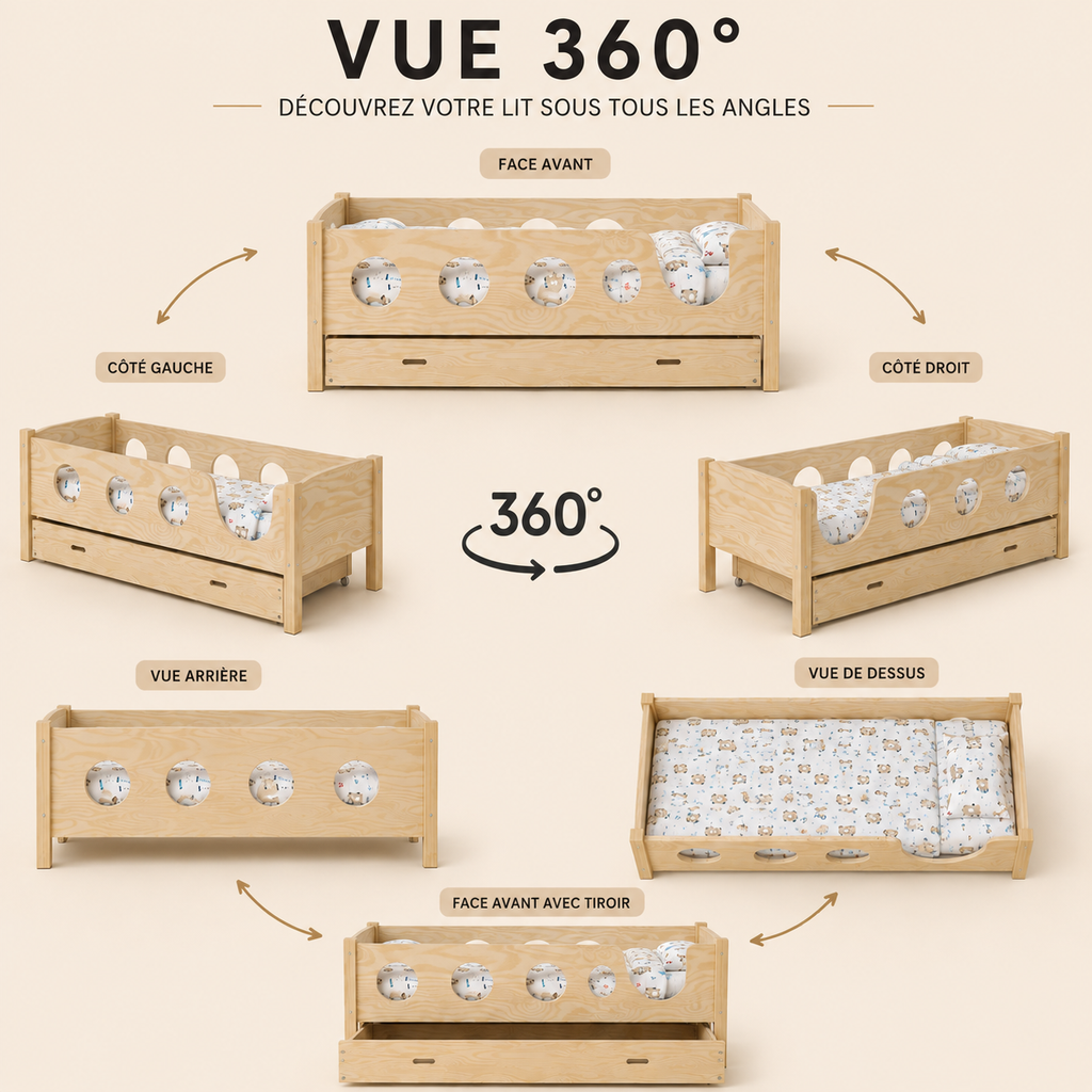 Lit au sol enfant Montessori ALBA avec tiroirs – Barrières à hublots, bois massif