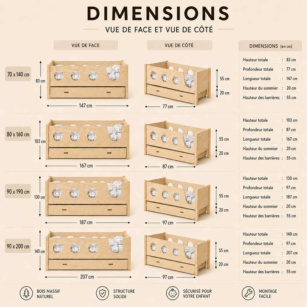 Lit au sol enfant Montessori ALBA avec tiroirs – Barrières à hublots, bois massif