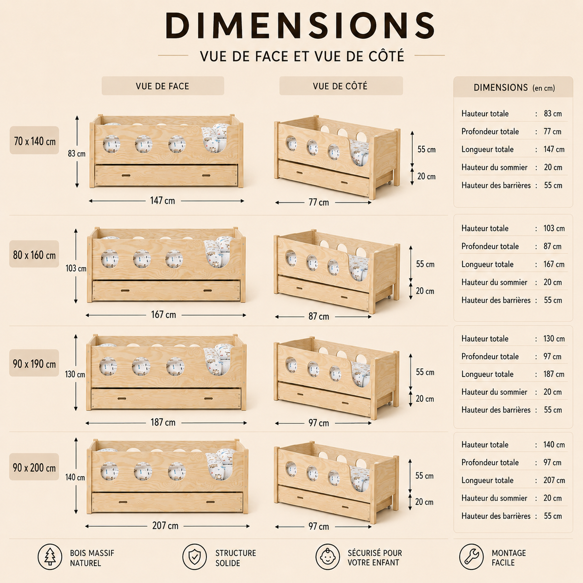 Lit au sol enfant Montessori ALBA avec tiroirs – Barrières à hublots, bois massif