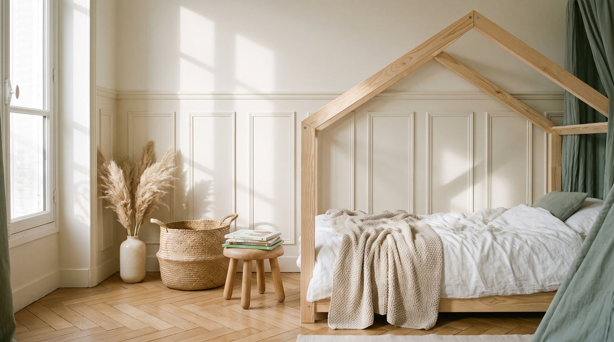Chambre d’enfant lumineuse avec un lit cabane en pin massif