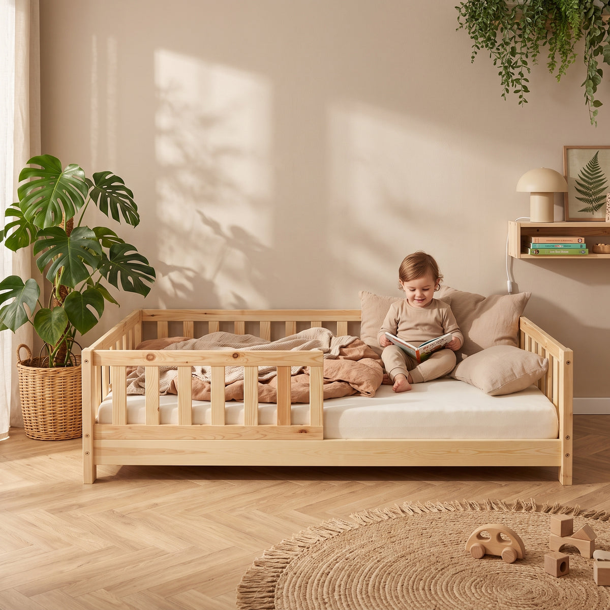 Lit Montessori - TIMO 90x190 - Bois Naturel avec Barrières de Sécurité