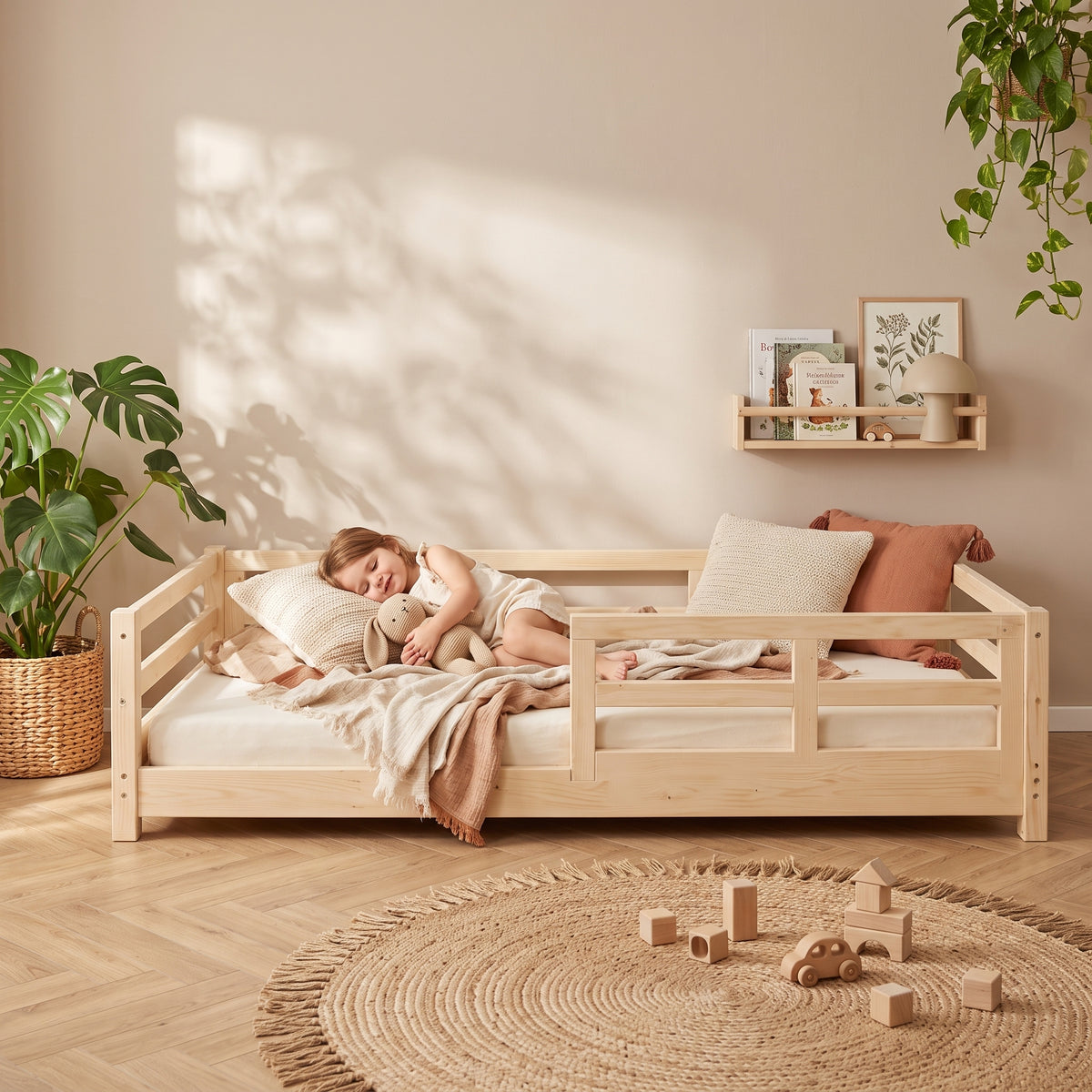Lit Montessori NOA 90x190 - Bois Naturel avec Barrières et Tiroirs + Sommier Inclus