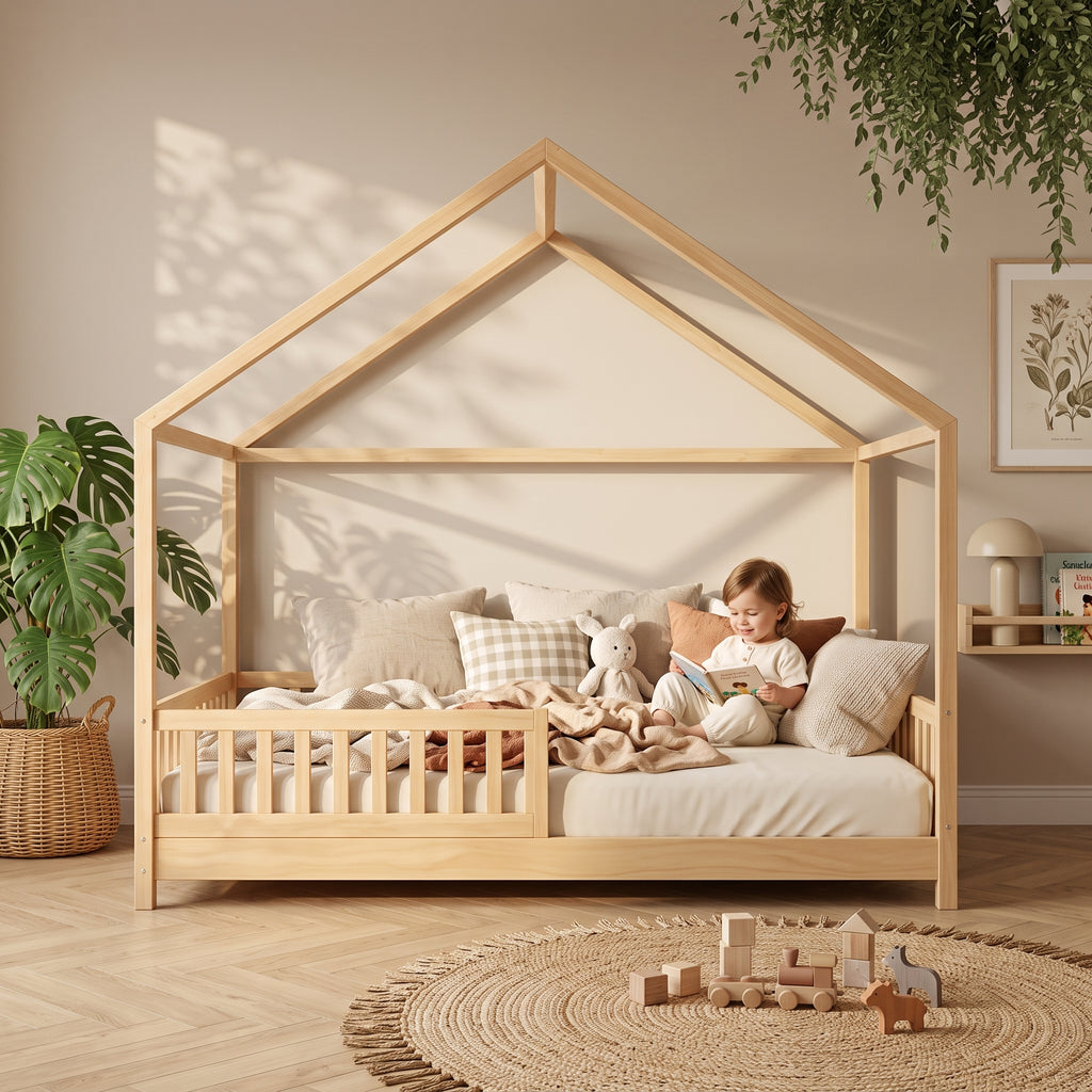 Lit Cabane ZOE 90x190 - Bois Naturel avec Barrière + Sommier Inclus