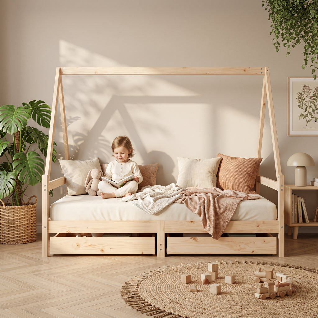 Lit Cabane SACHA 90x 190 cm -  Bois Massif avec Tiroirs de Rangement