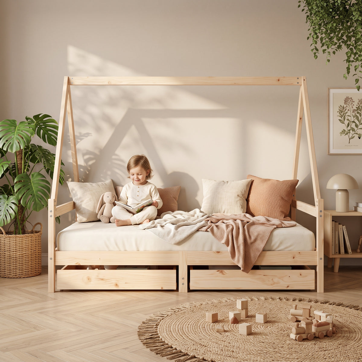 Lit Cabane SACHA 90x 190 cm -  Bois Massif avec Tiroirs de Rangement