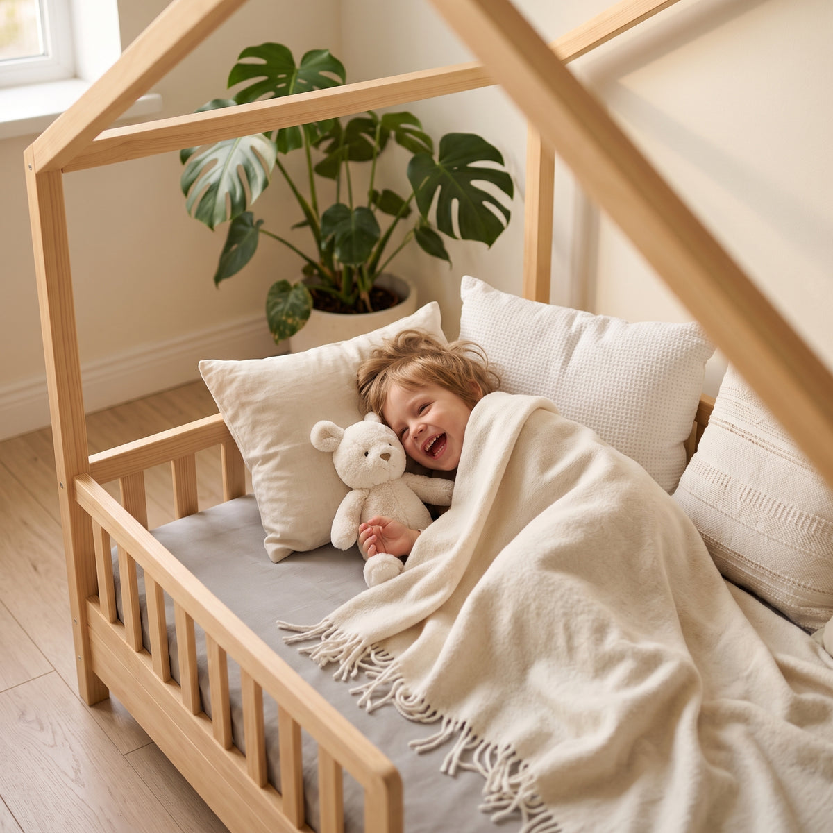 Lit Cabane ZOE 90x190 - Bois Naturel avec Barrière + Sommier Inclus