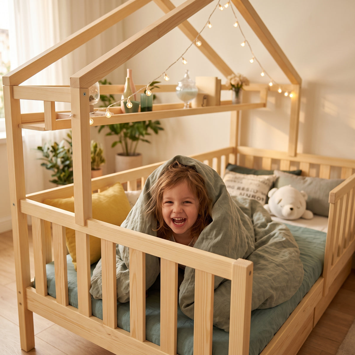 Lit Cabane ELIO 90x190 cm - Bois de Pin Naturel avec Étagère, Tiroirs et Barrière