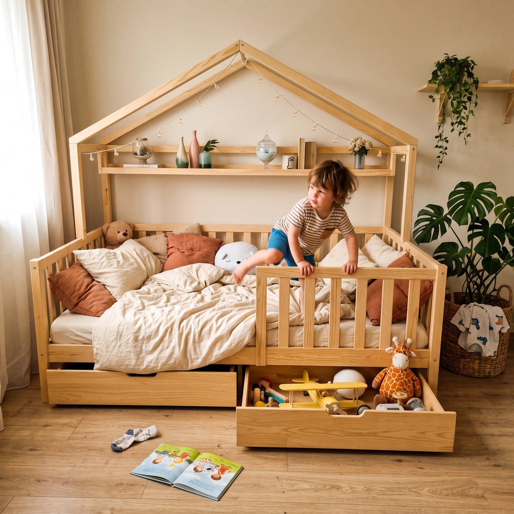 Lit Cabane ELIO 90x190 cm - Bois de Pin Naturel avec Étagère, Tiroirs et Barrière