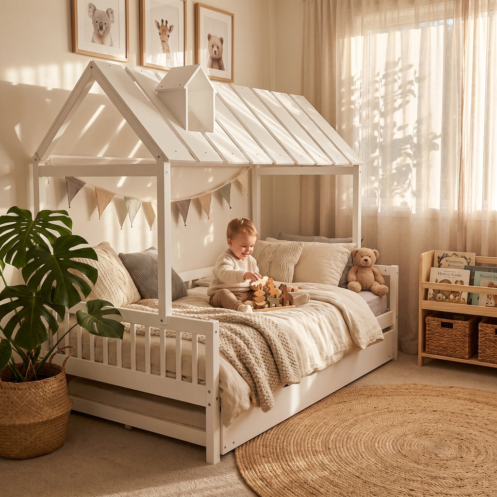 Lit Cabane Oscar 120x200 - Blanc avec Lit Gigogne et Barrières de Sécurité