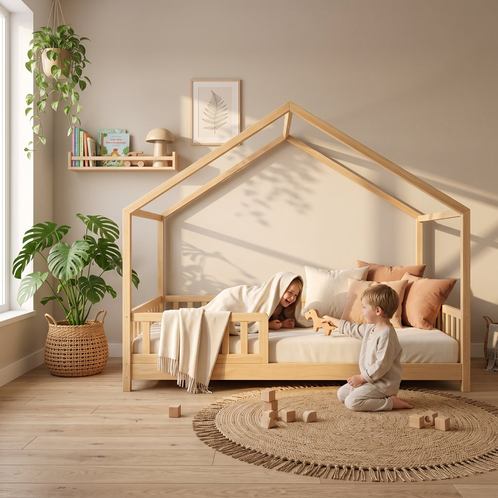 Lit Cabane ZOE 90x190 - Bois Naturel avec Barrière + Sommier Inclus