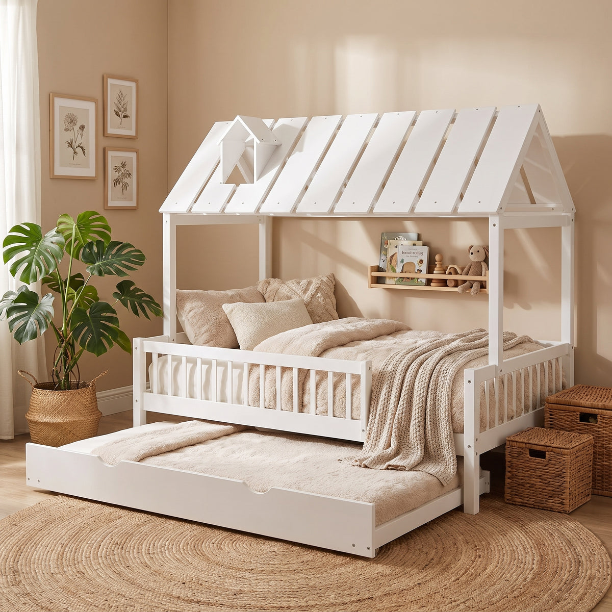 Lit Cabane Oscar 120x200 - Blanc avec Lit Gigogne et Barrières de Sécurité