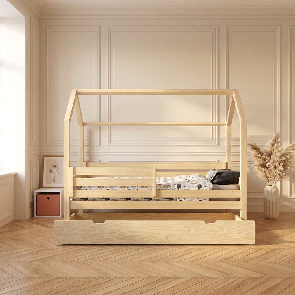 Lit cabane enfant TIAGO avec gigogne 90x190 cm en bois massif