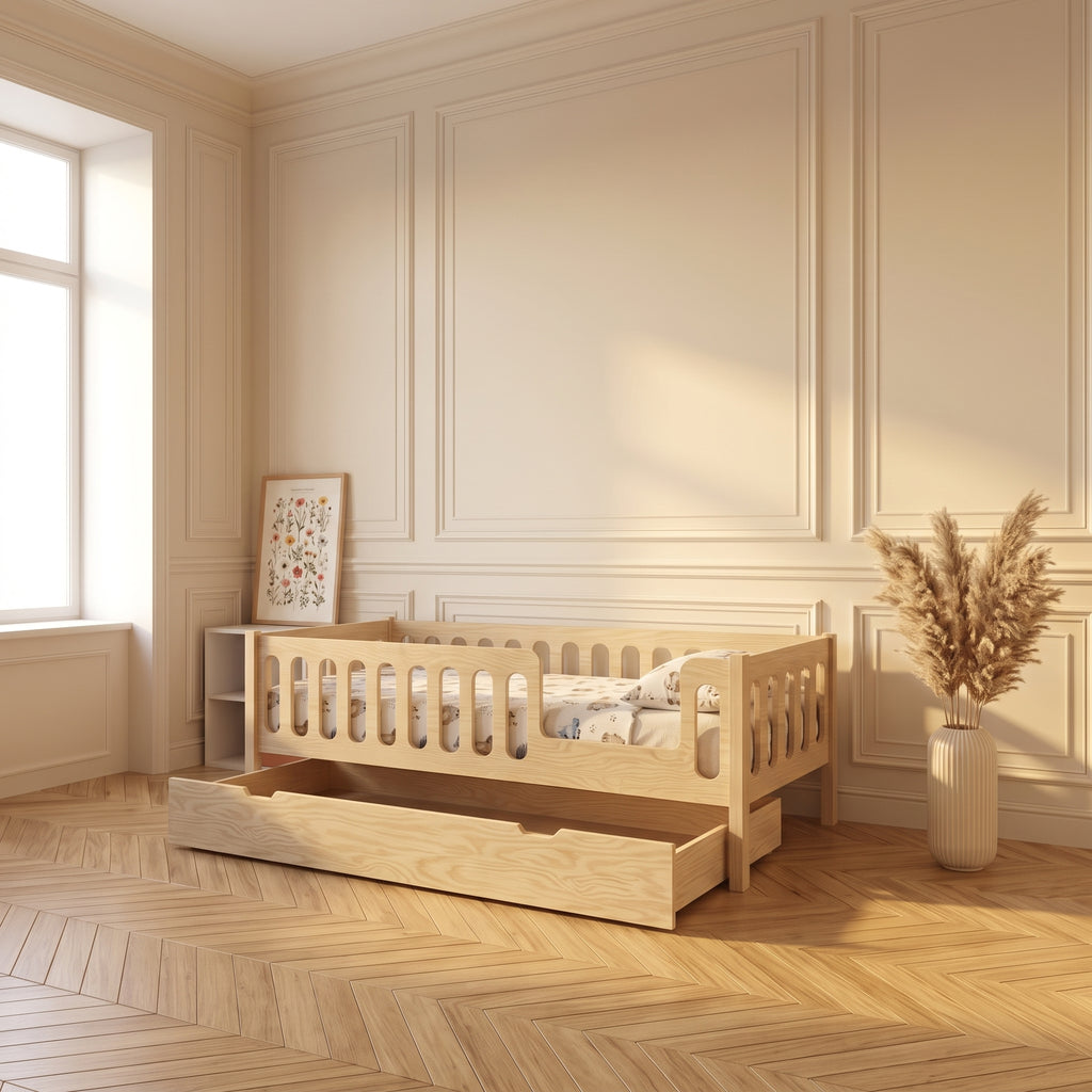 Lit TAO avec tiroir vu de côté dans une chambre d'enfant