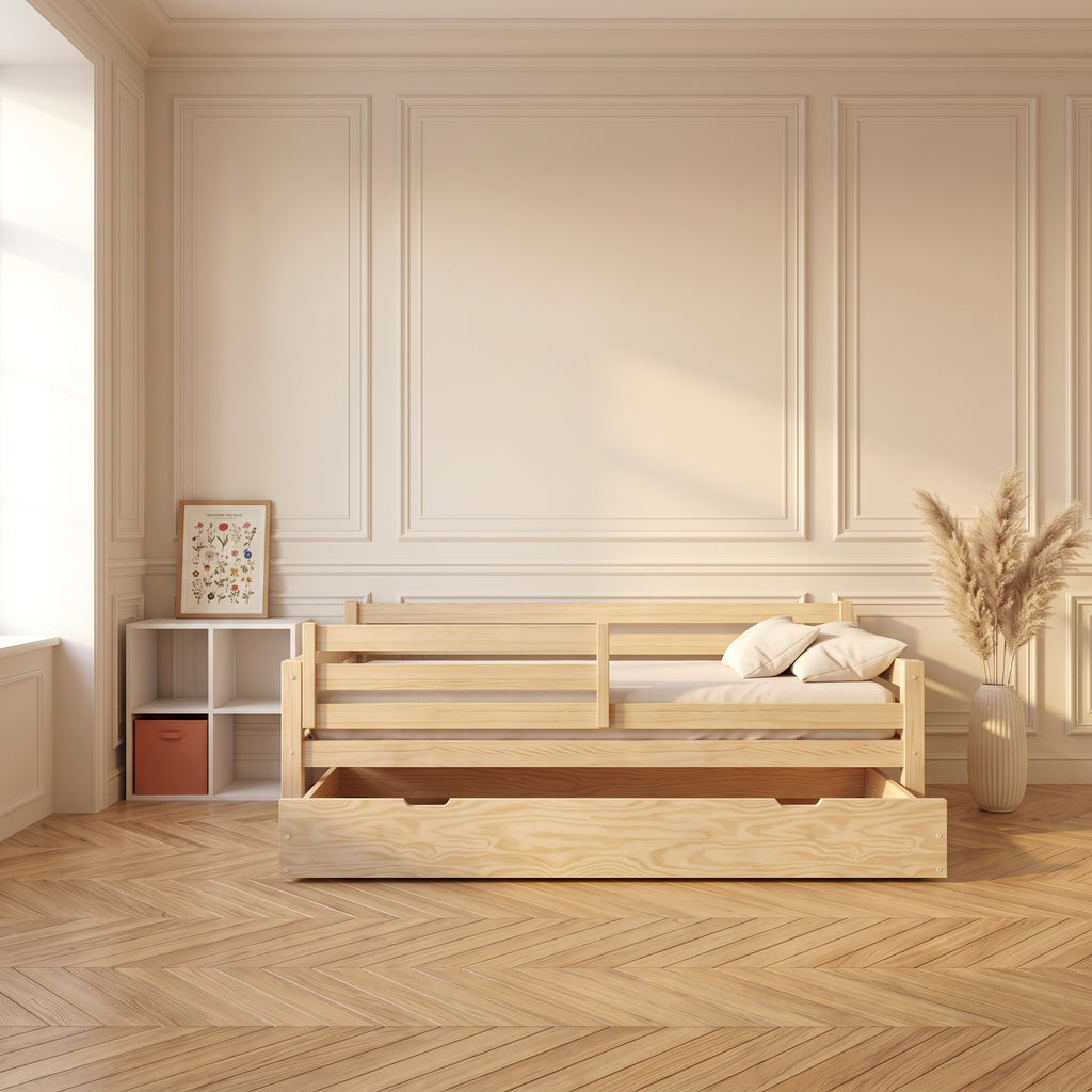 Tiroir du lit LENI ouvert sous le couchage, rangement pour la chambre
