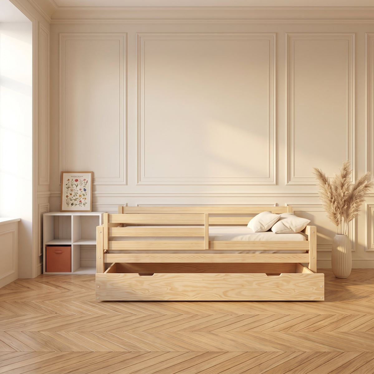 Tiroir du lit LENI ouvert sous le couchage, rangement pour la chambre