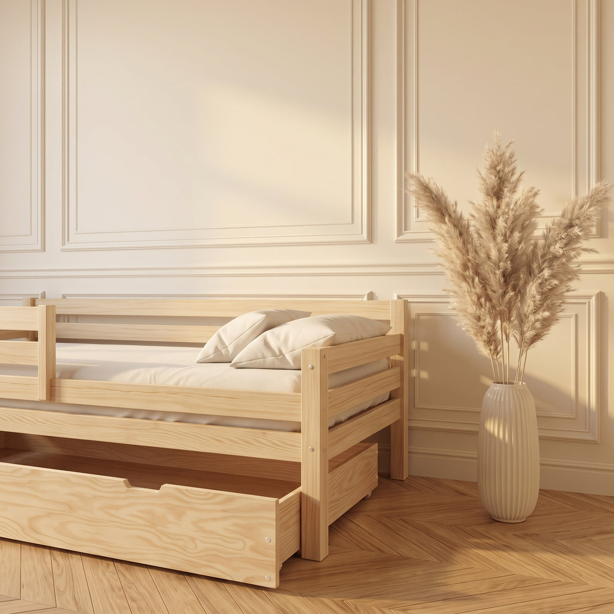 Barrière amovible du lit LENI avec tiroir, détail du bois naturel
