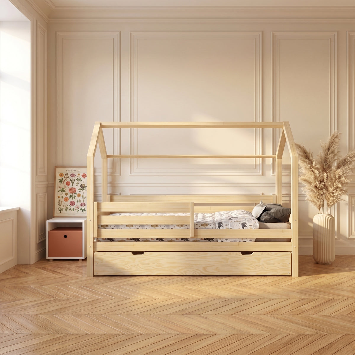 Lit cabane TIAGO avec lit gigogne en pin massif dans une chambre d'enfant