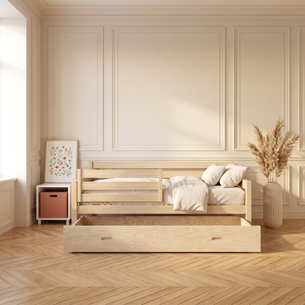 Lit enfant LENI avec tiroir de rangement pleine longueur en pin massif