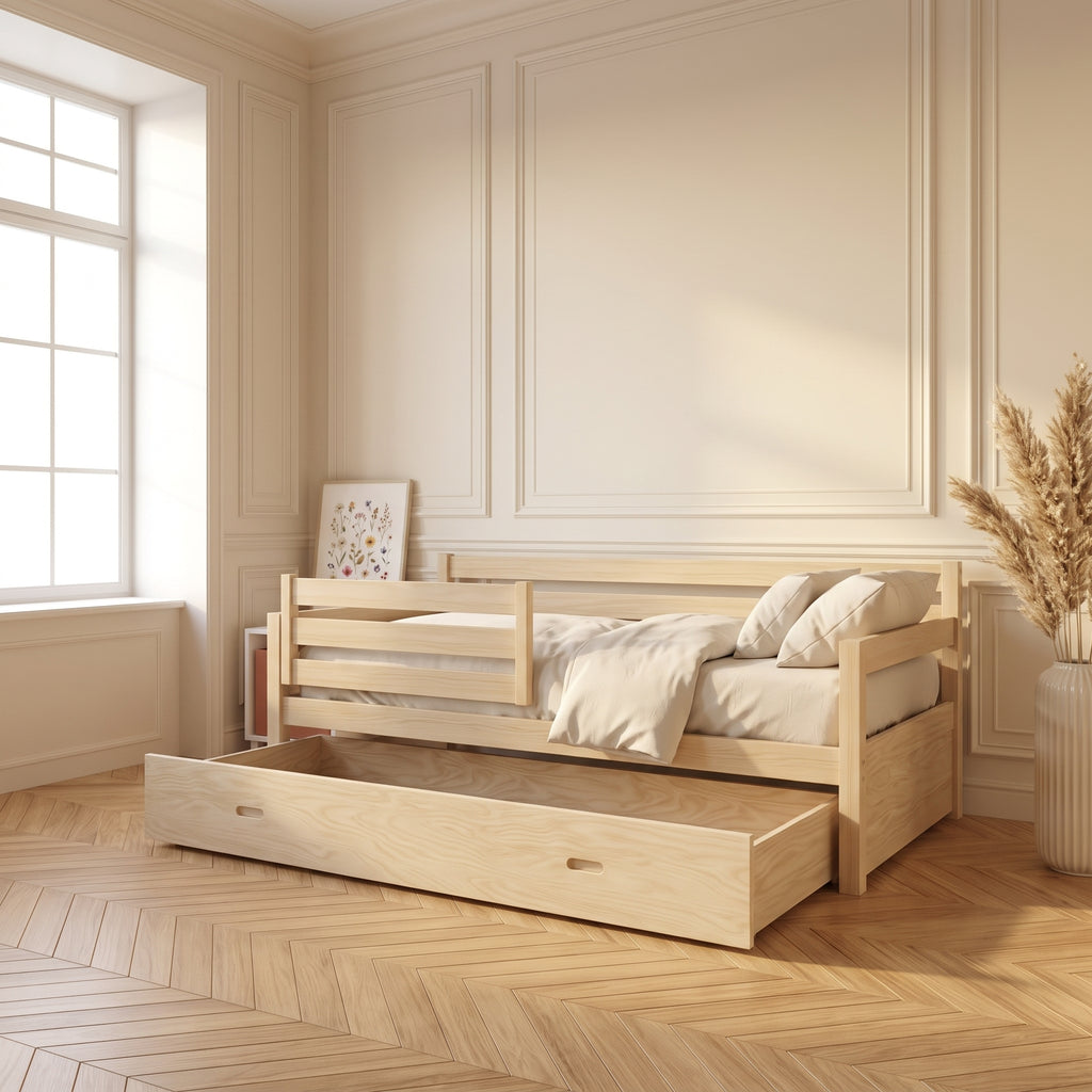 Lit LENI avec tiroir vu de côté dans une chambre d'enfant