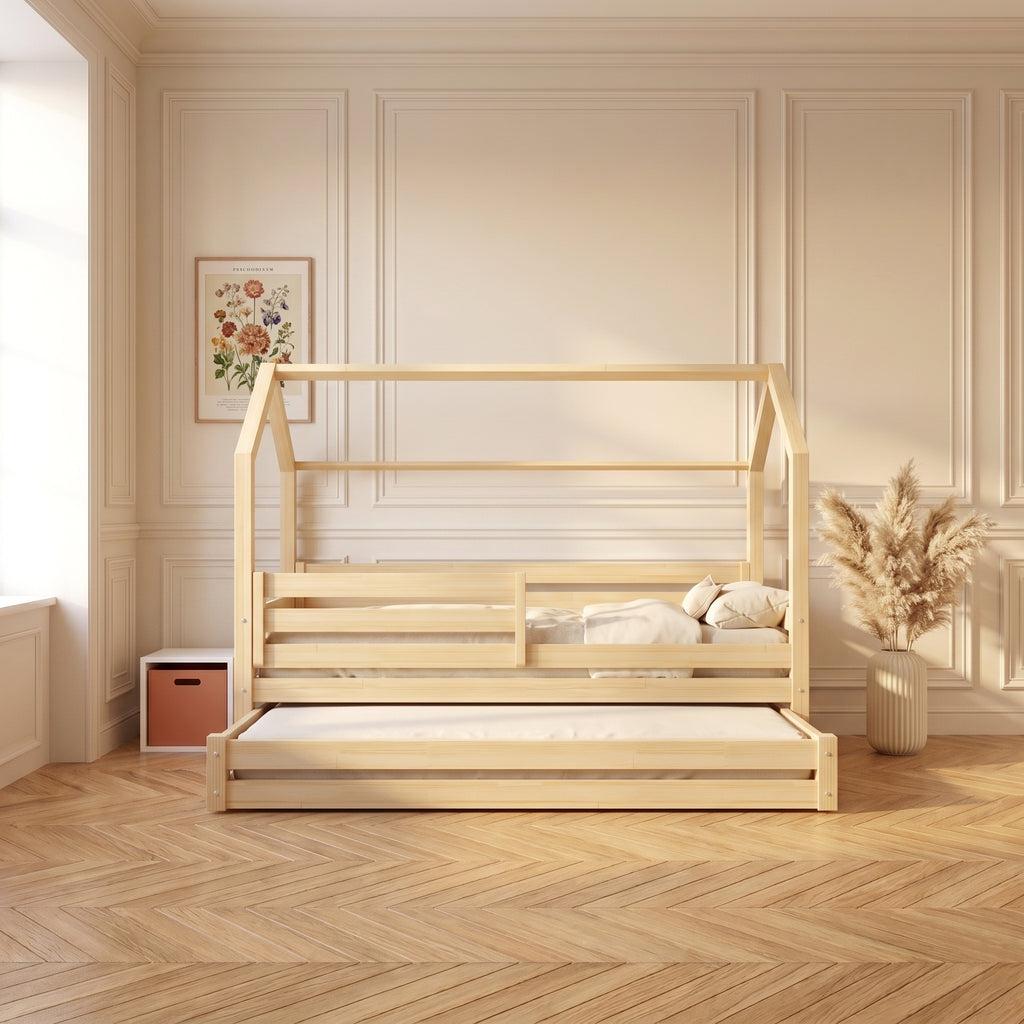 Lit cabane enfant TIAGO avec lit gigogne – Bois massif