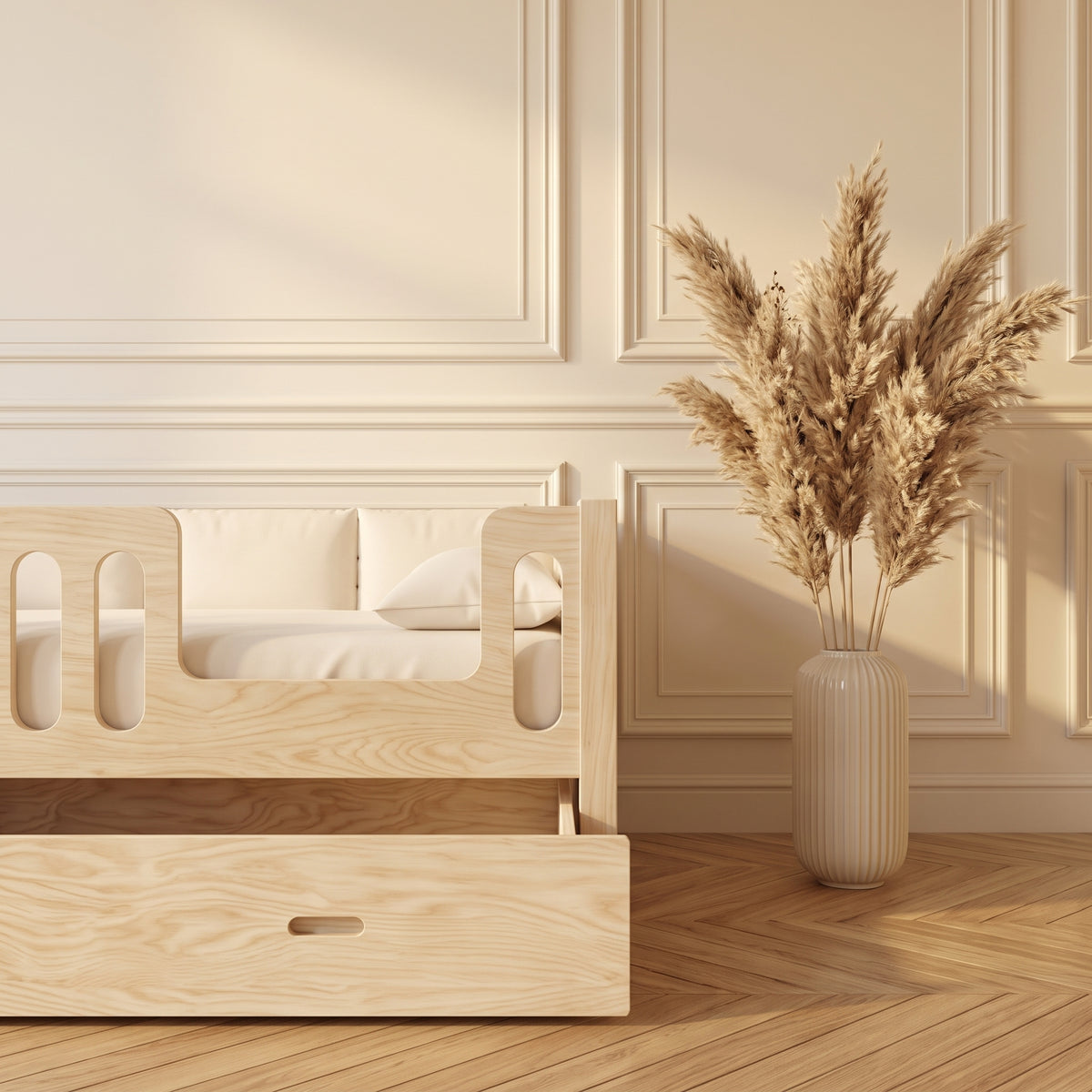 Tiroir du lit TAO ouvert, rangement sous le couchage