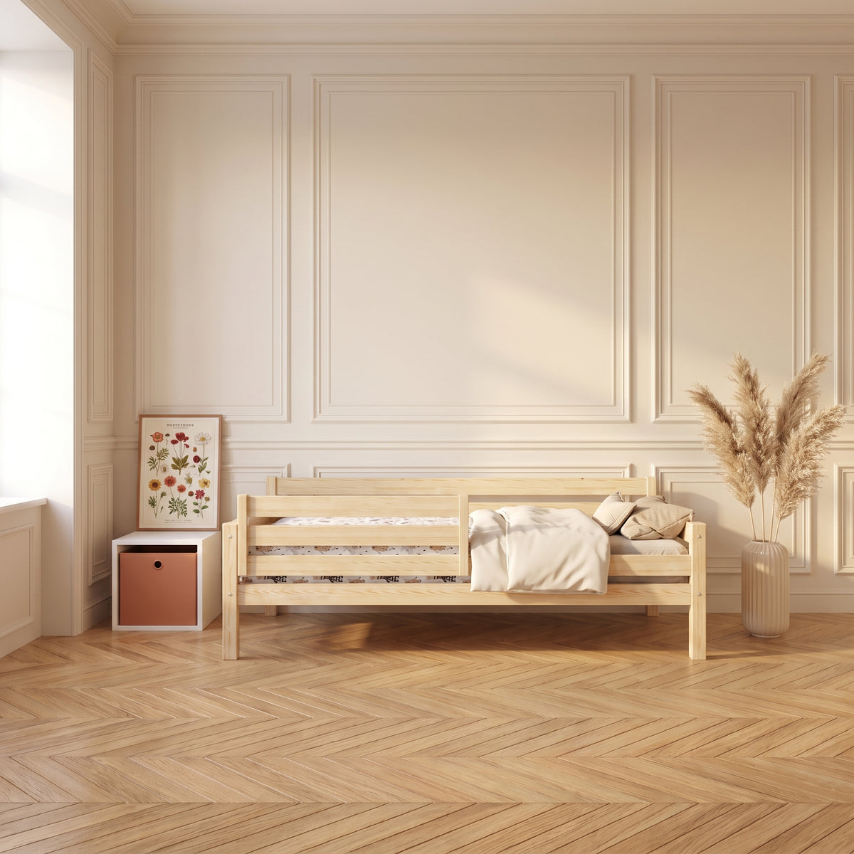 Lit enfant LENI surélevé de 20 cm, espace de rangement dessous