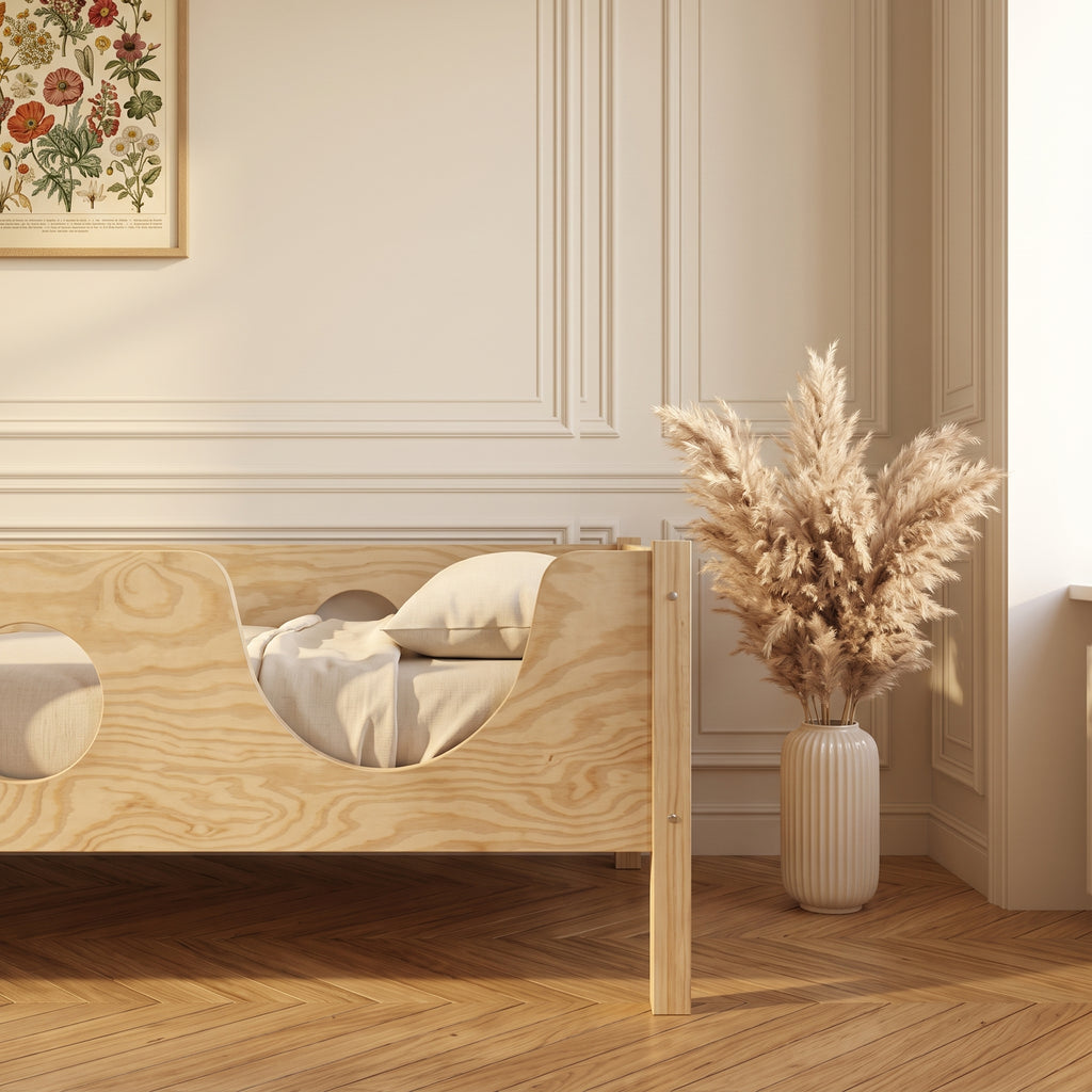 Hublots ronds découpés dans les panneaux du lit Montessori ALBA