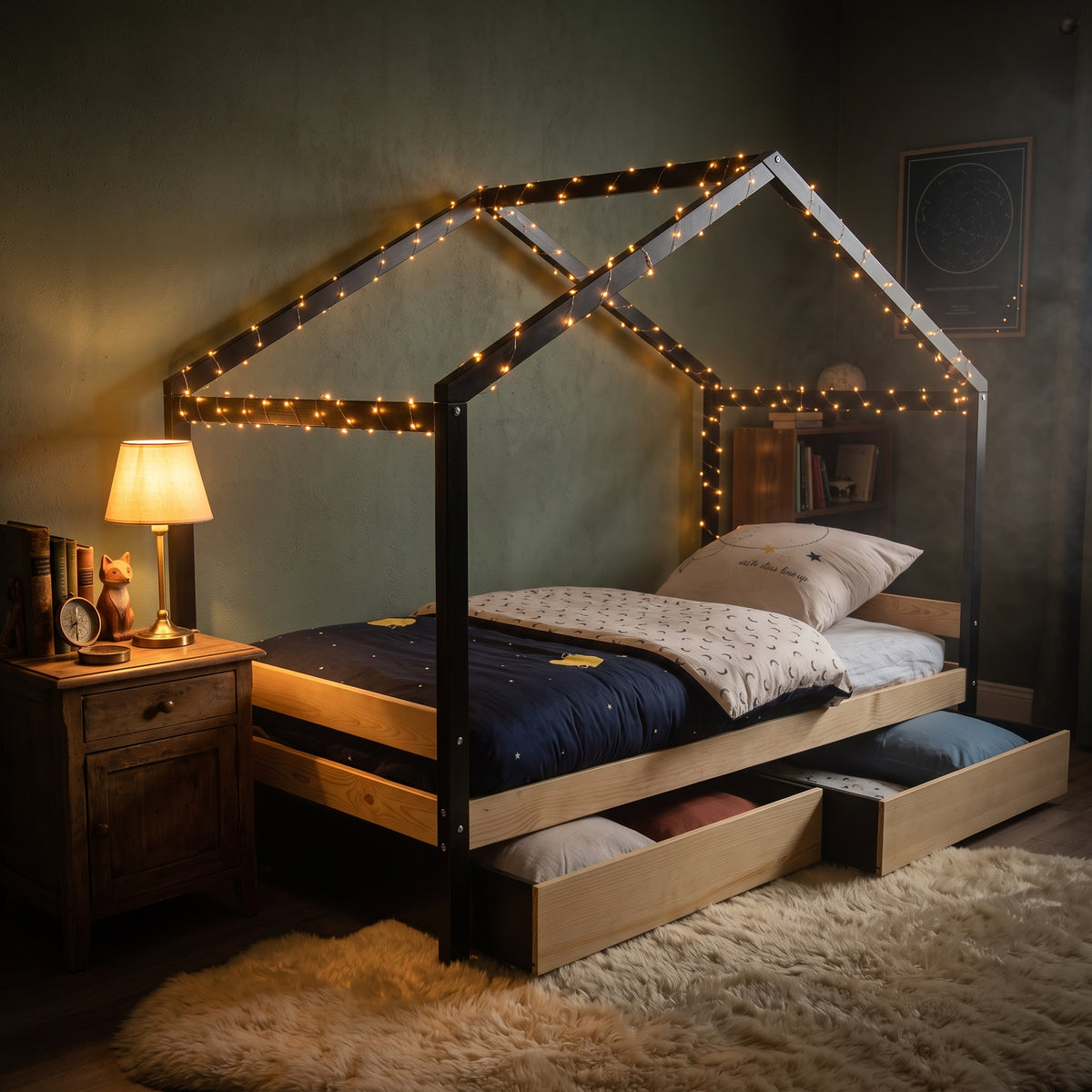 Lit Cabane ETOILE 90x190 - Brut et Noir + 2 Tiroirs + Sommier Inclus