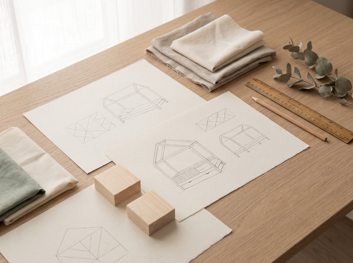 Croquis de lits cabanes, échantillons de bois et de tissu sur un bureau