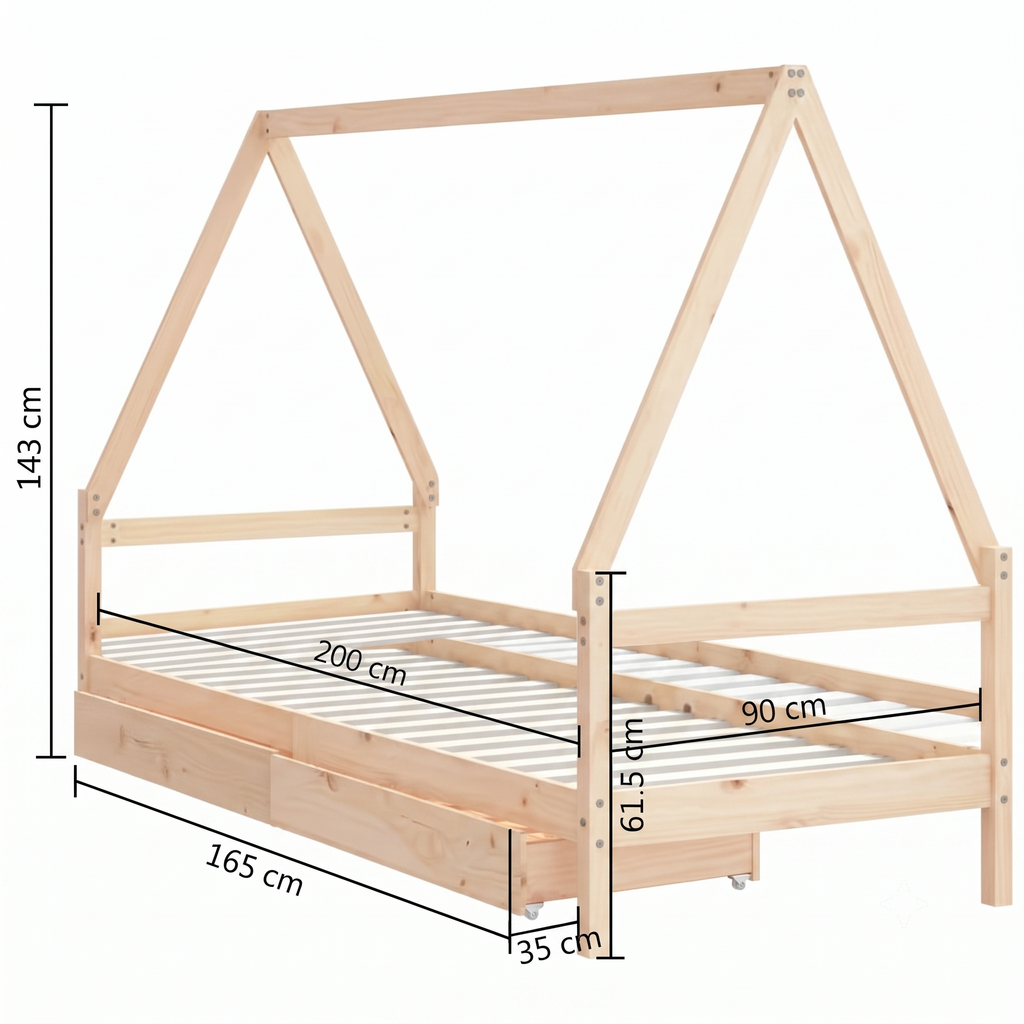 Lit Cabane SACHA 90x 190 cm -  Bois Massif avec Tiroirs de Rangement