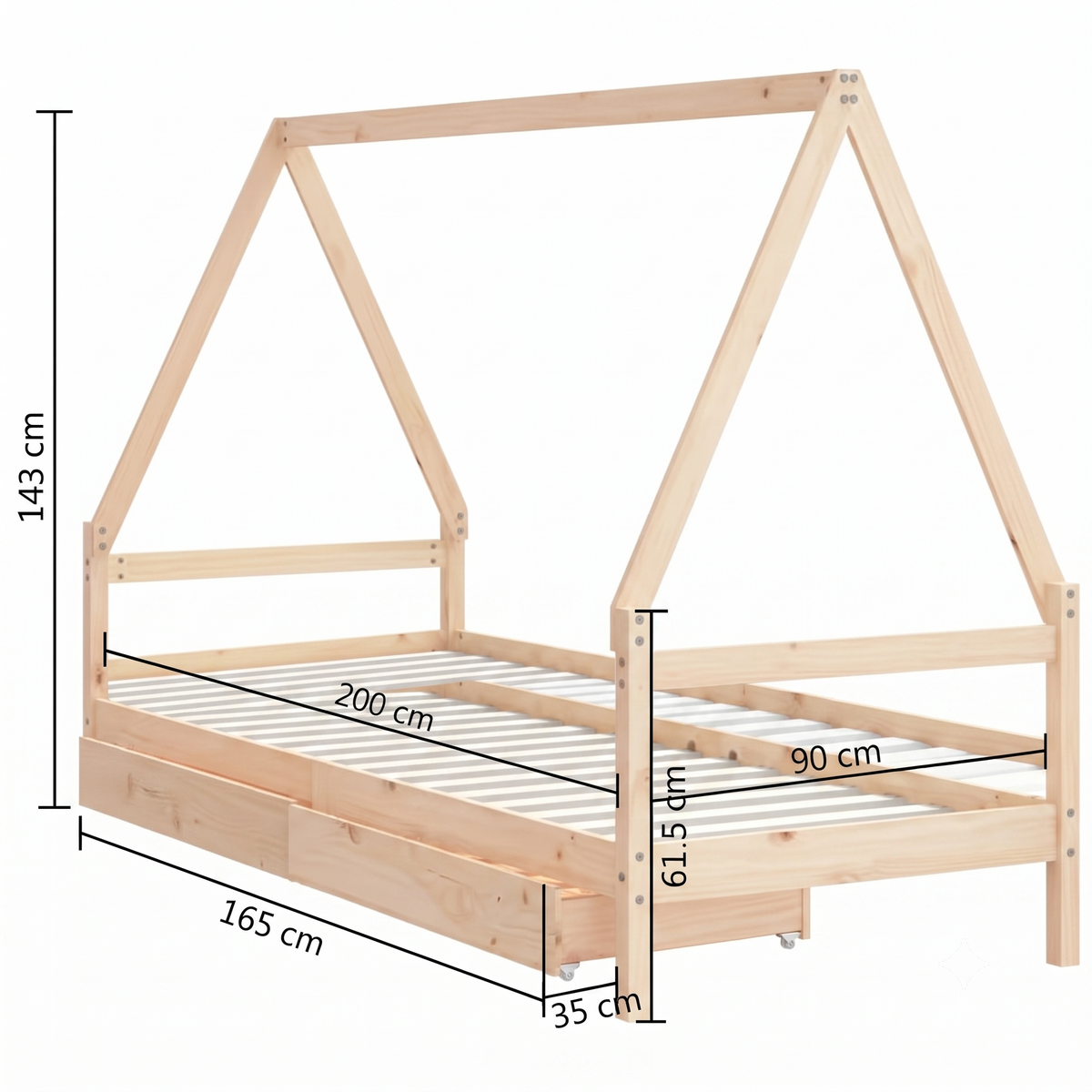 Lit Cabane SACHA 90x 190 cm -  Bois Massif avec Tiroirs de Rangement
