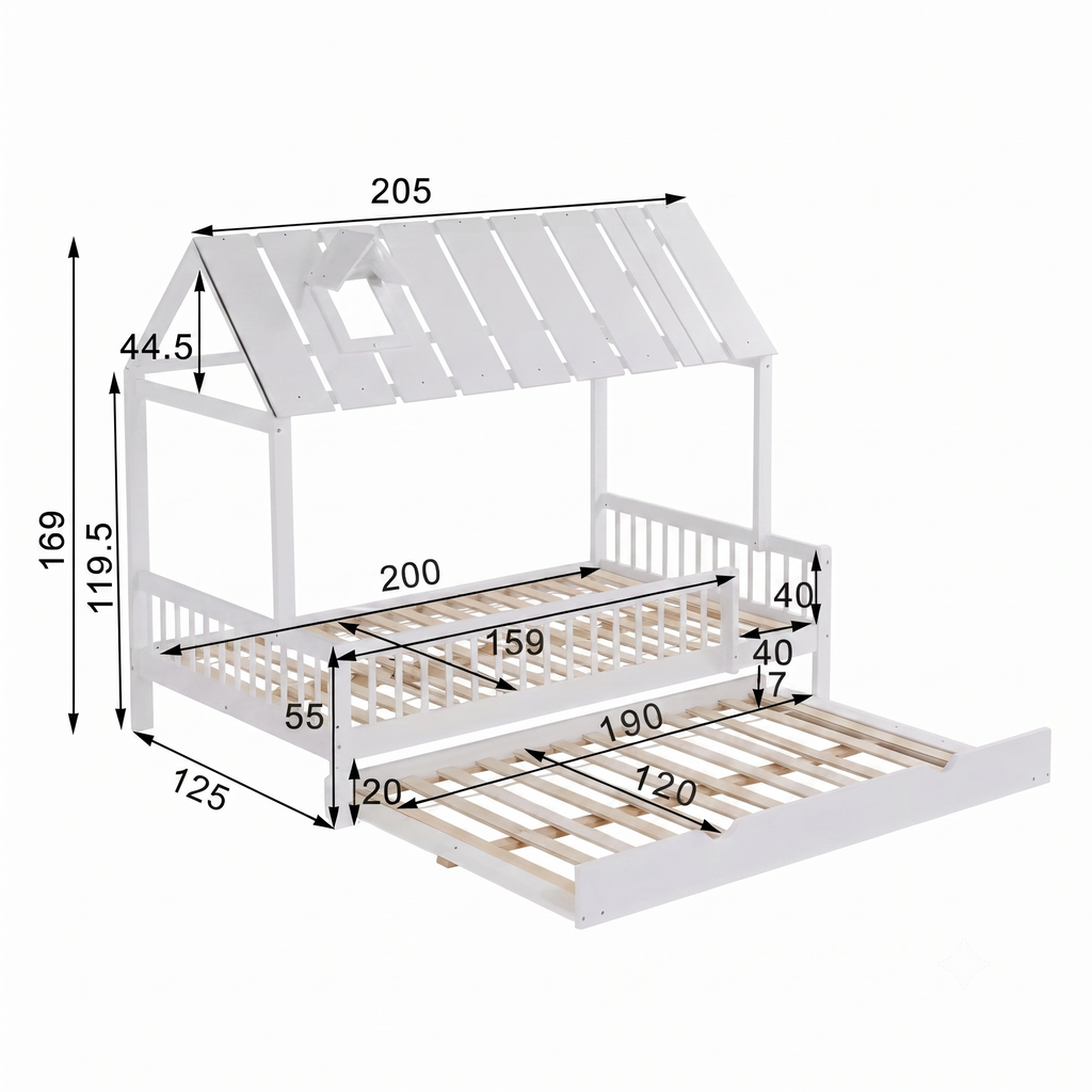 Lit Cabane Oscar 120x200 - Blanc avec Lit Gigogne et Barrières de Sécurité