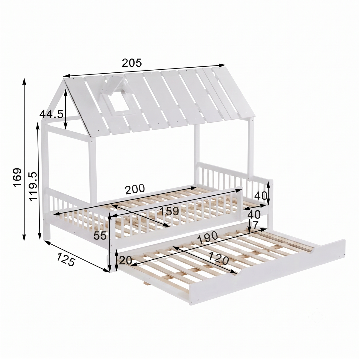 Lit Cabane Oscar 120x200 - Blanc avec Lit Gigogne et Barrières de Sécurité