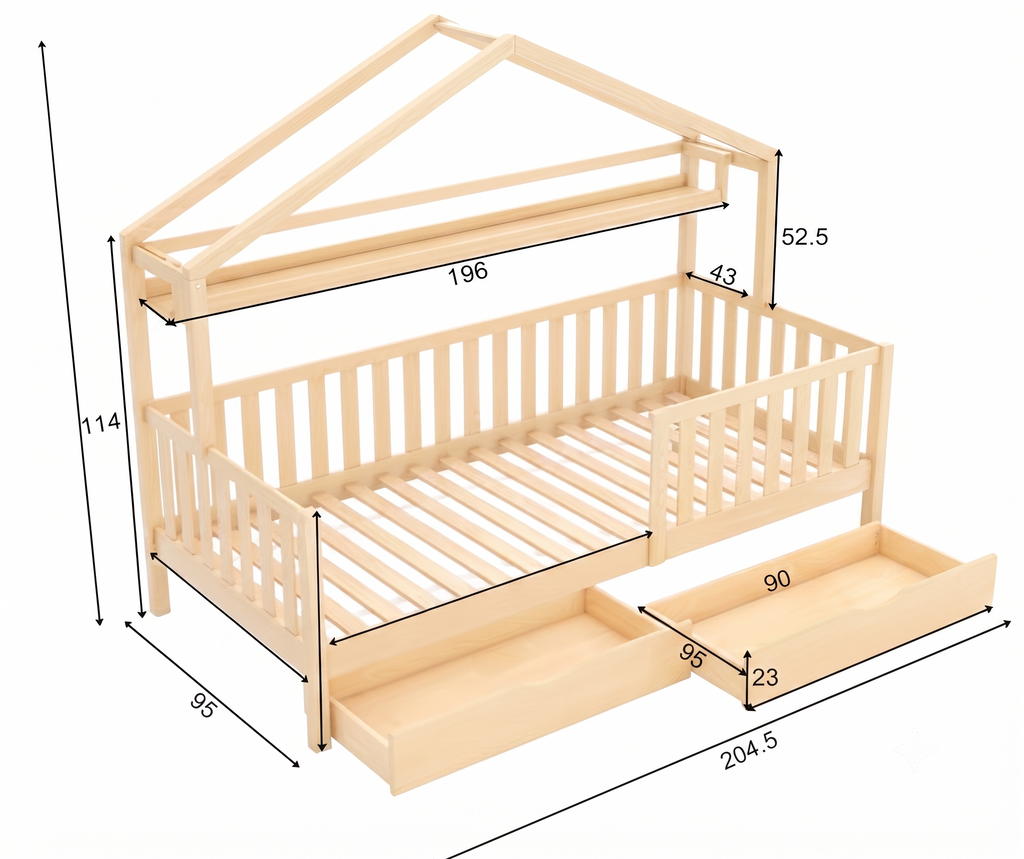 Lit Cabane ELIO 90x190 cm - Bois de Pin Naturel avec Étagère, Tiroirs et Barrière