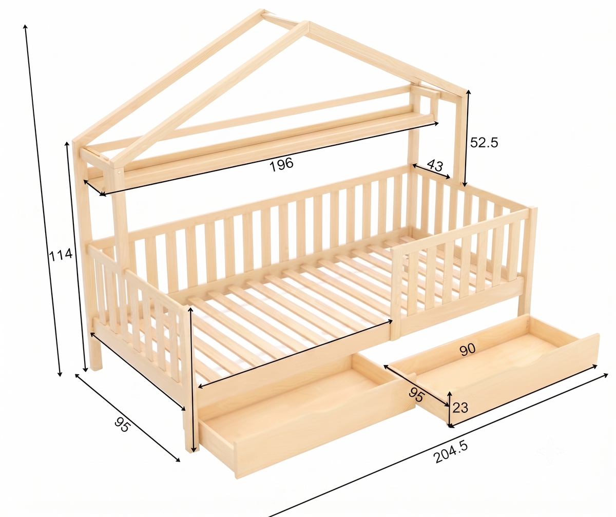 Lit Cabane ELIO 90x190 cm - Bois de Pin Naturel avec Étagère, Tiroirs et Barrière