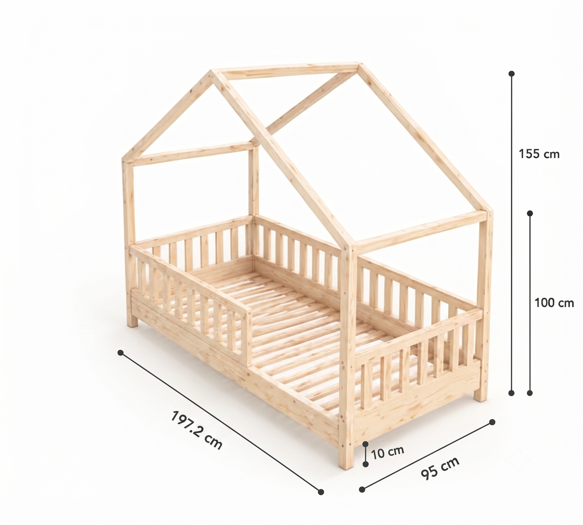 Lit Cabane ZOE 90x190 - Bois Naturel avec Barrière + Sommier Inclus