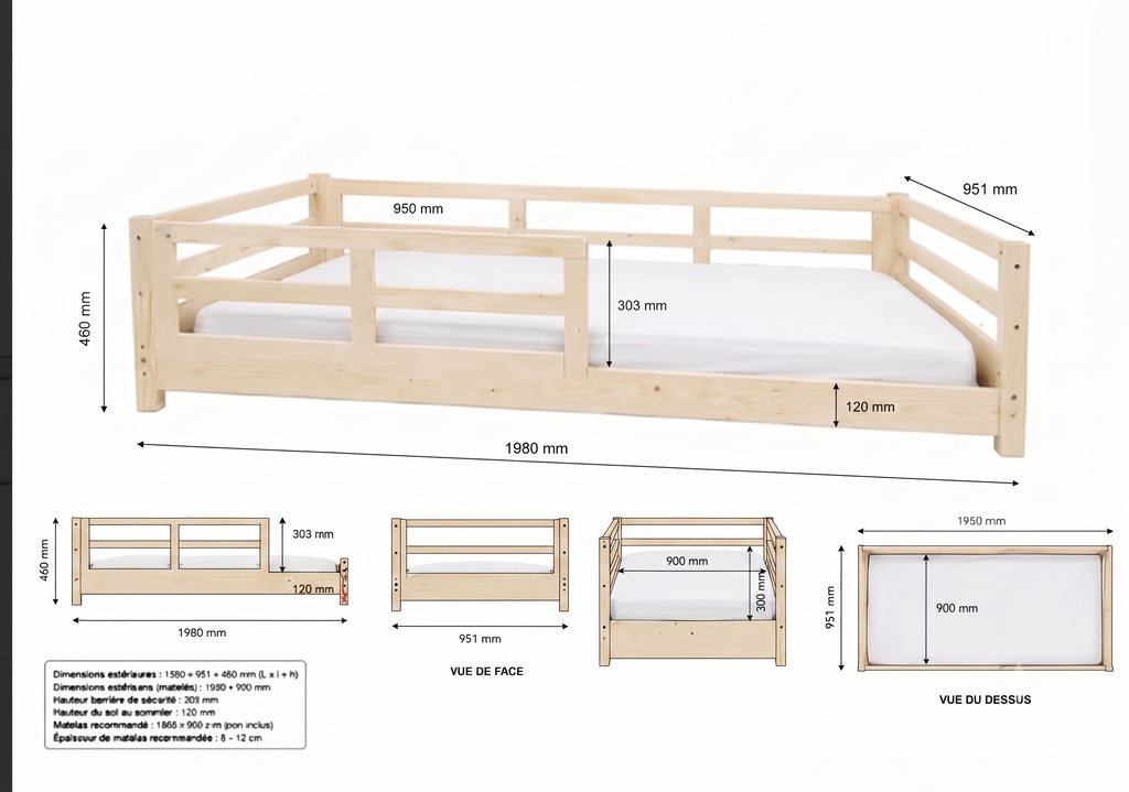 Lit Montessori NOA 90x190 - Bois Naturel avec Barrières et Tiroirs + Sommier Inclus