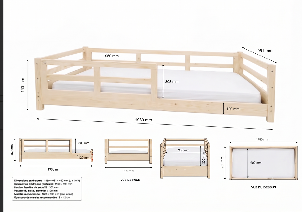 Lit Montessori NOA 90x190 - Bois Naturel avec Barrières et Tiroirs + Sommier Inclus