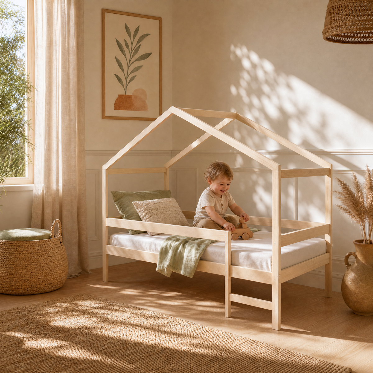 Lit Cabane MIKA 90x190 - Bois Massif Naturel + Sommier Inclus
